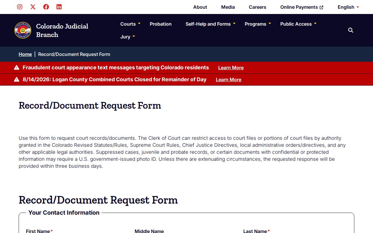 Logan County court document request for arrest disposition records